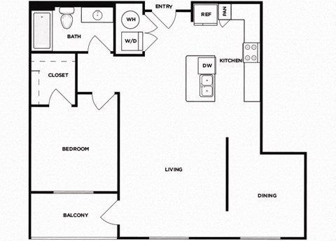 Floor plan for 1 bed, 1 bath, 827 sqft