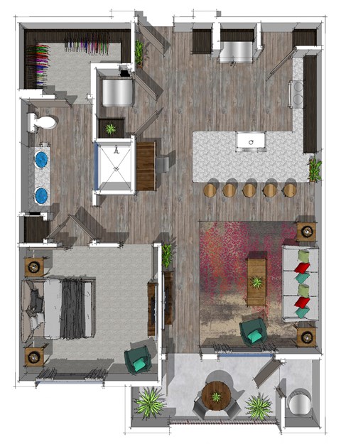Floor plan for 1 bed, 1 bath, 831 sqft