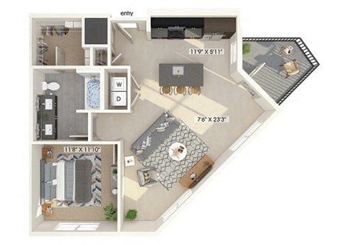 Floor plan for 1 bed, 1 bath, 836 sqft