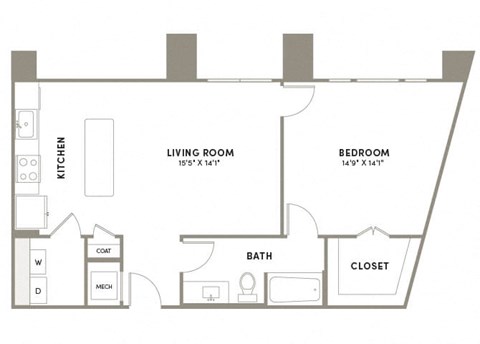 Floor plan for 1 bed, 1 bath, 841 sqft