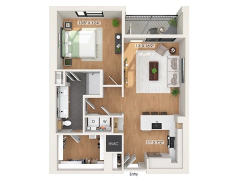 Floor plan for 1 bed, 1 bath, 915 sqft