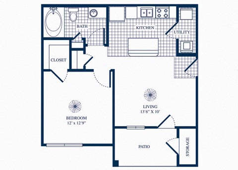 Floor plan for 1 bed, 1 bath, 572 sqft