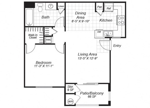 Floor plan for 1 bed, 1 bath, 651 sqft