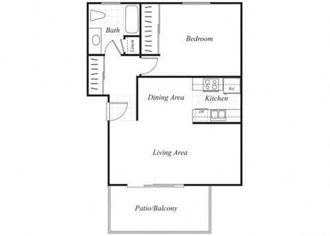 Floor plan for 1 bed, 1 bath, 781 sqft