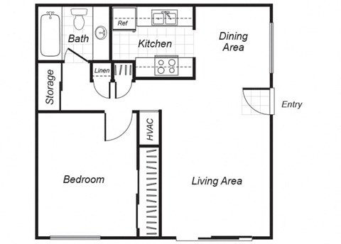 Floor plan for 1 bed, 1 bath, 638 sqft