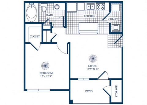 Floor plan for 1 bed, 1 bath, 572 sqft