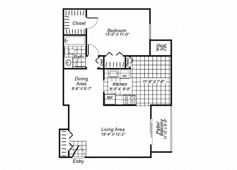 Floor plan for 1 bed, 1 bath, 696 sqft