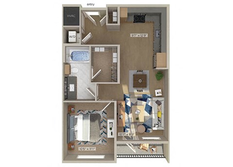 Floor plan for 1 bed, 1 bath, 668 sqft