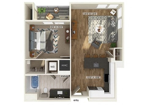 Floor plan for 1 bed, 1 bath, 694 sqft
