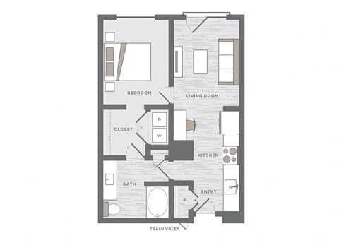 Floor plan for 1 bed, 1 bath, 688 sqft