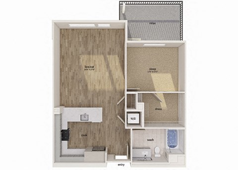 Floor plan for 1 bed, 1 bath, 784 sqft
