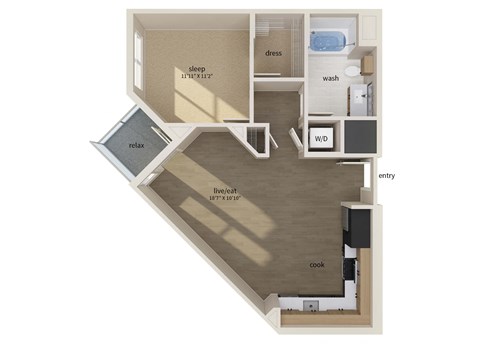 Floor plan for 1 bed, 1 bath, 716 sqft