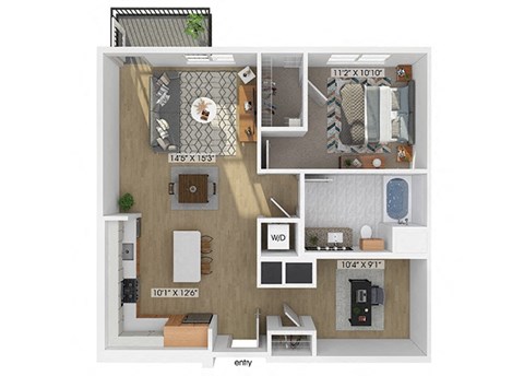 Floor plan for 1 bed, 1 bath, 957 sqft