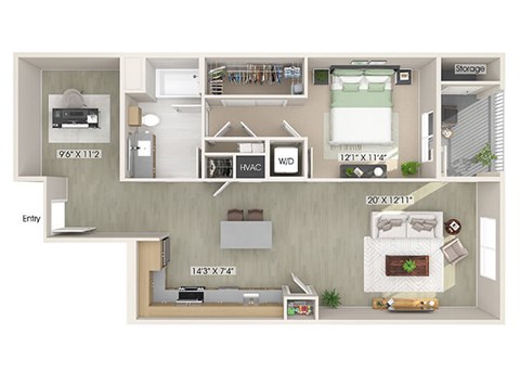 Floor plan for 1 bed, 1 bath, 1009 sqft