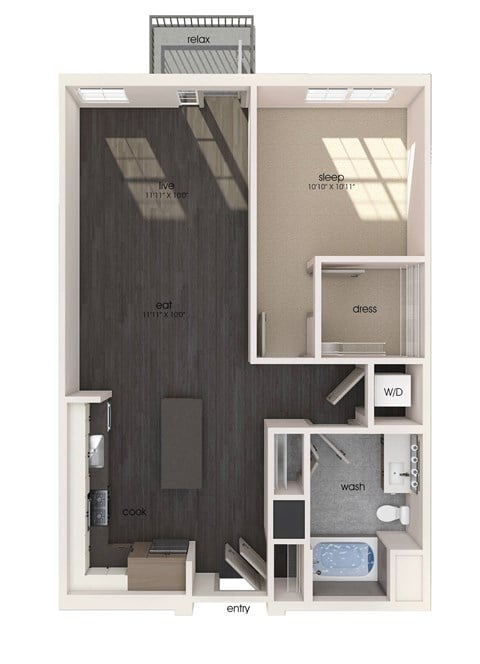 Floor plan for 1 bed, 1 bath, 837 sqft