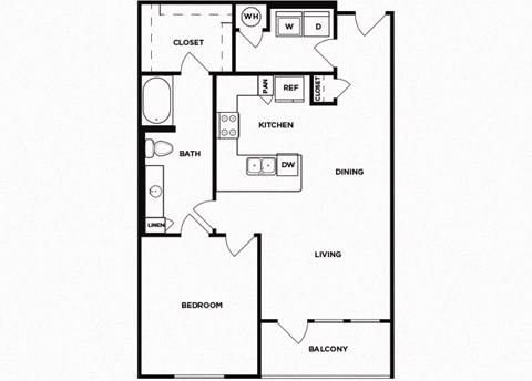 Floor plan for 1 bed, 1 bath, 848 sqft