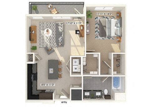 Floor plan for 1 bed, 1 bath, 896 sqft