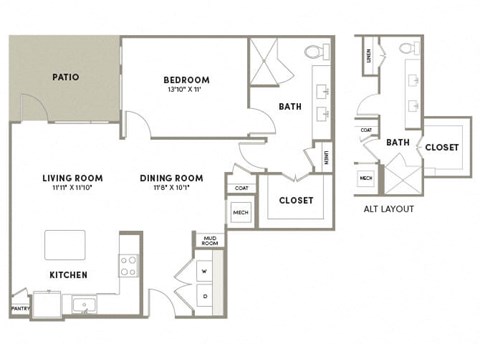 Floor plan for 1 bed, 1 bath, 947 sqft