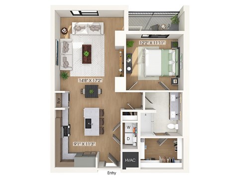 Floor plan for 1 bed, 1 bath, 926 sqft