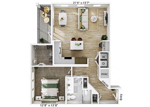 Floor plan for 1 bed, 1 bath, 968 sqft