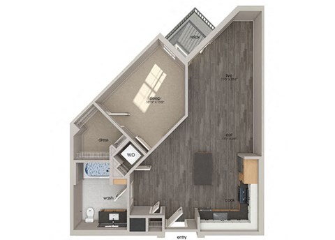 Floor plan for 1 bed, 1 bath, 788 sqft