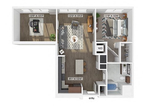 Floor plan for 1 bed, 1 bath, 933 sqft