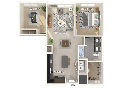 Floor plan for 1 bed, 1 bath, 939 sqft