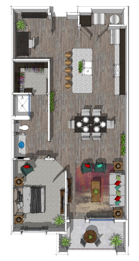Floor plan for 1 bed, 1 bath, 989 sqft