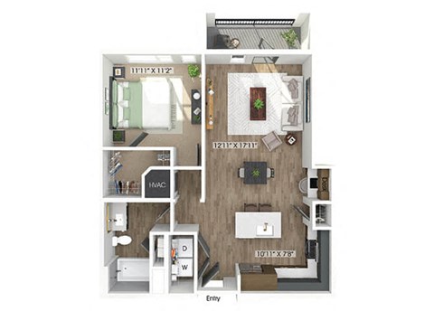 Floor plan for 1 bed, 1 bath, 821 sqft