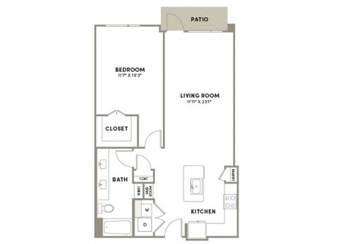 Floor plan for 1 bed, 1 bath, 910 sqft