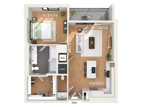 Floor plan for 1 bed, 1 bath, 937 sqft