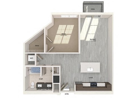 Floor plan for 1 bed, 1 bath, 806 sqft