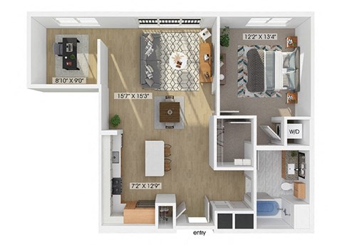 Floor plan for 1 bed, 1 bath, 956 sqft