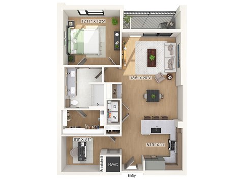 Floor plan for 1 bed, 1 bath, 1005 sqft