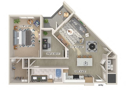 Floor plan for 1 bed, 1 bath, 969 sqft