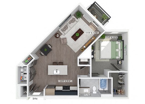 Floor plan for 1 bed, 1 bath, 782 sqft