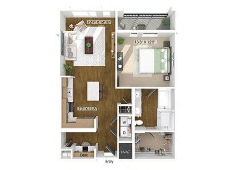 Floor plan for 1 bed, 1 bath, 875 sqft