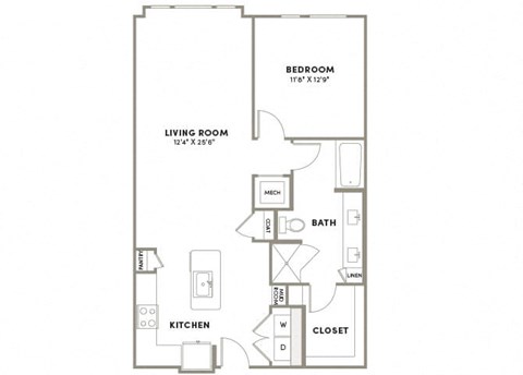Floor plan for 1 bed, 1 bath, 957 sqft