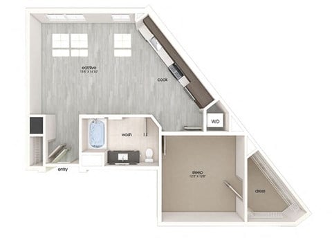 Floor plan for 1 bed, 1 bath, 812 sqft