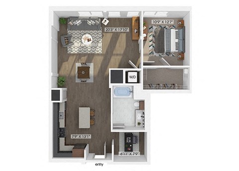 Floor plan for 1 bed, 1 bath, 1000 sqft