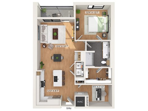 Floor plan for 1 bed, 1 bath, 1005 sqft