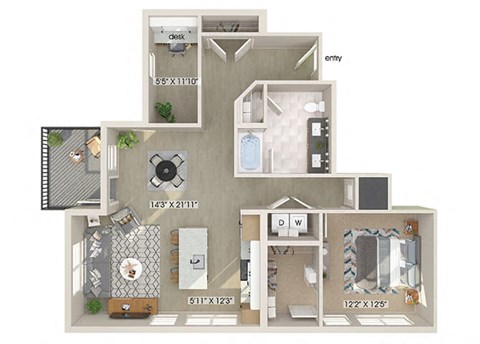 Floor plan for 1 bed, 1 bath, 1051 sqft