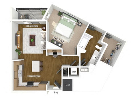 Floor plan for 1 bed, 1 bath, 876 sqft