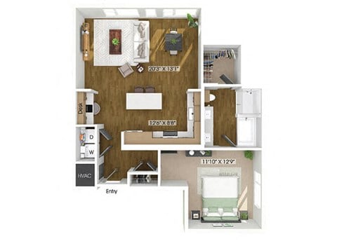 Floor plan for 1 bed, 1 bath, 939 sqft