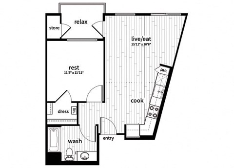 Floor plan for 1 bed, 1 bath, 612 sqft