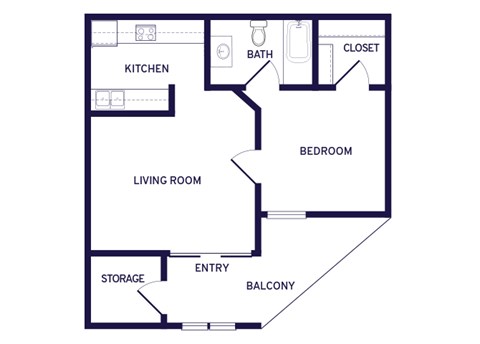 Floor plan for 1 bed, 1 bath, 500 sqft