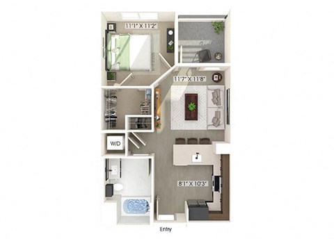 Floor plan for 1 bed, 1 bath, 591 sqft