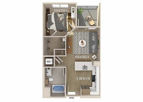 Floor plan for 1 bed, 1 bath, 591 sqft