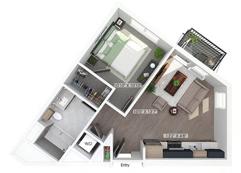 Floor plan for 1 bed, 1 bath, 596 sqft