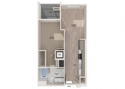 Floor plan for 1 bed, 1 bath, 613 sqft